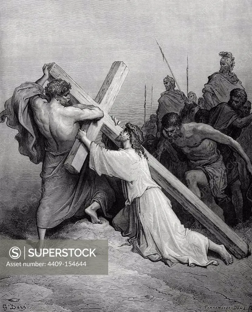New Testament. Gospel of Luke. Chapter XXIII. Jesus fall under the weight of the cross. Gustave Dore's drawing. Engraving by Pannemaker. 19th century.