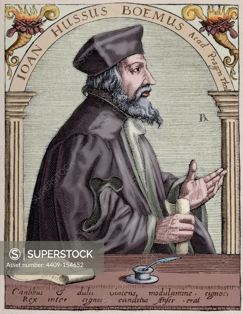 Jan Hus (1369-1415). Czech priest, philosopher and reformer. Engraving. Colored.