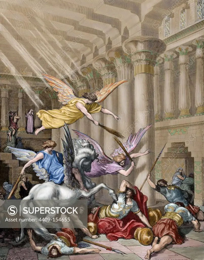 Heliodorus. 2nd century BC. Minister of the Syrian king Seleucus IV Philopator. Tried to seize the treasures of the Temple of Jerusalem. Heliodorus expulsed of the temple by heavenly messengers. Engraving by Pannemaker. The Bible in pictures by Gustave Dore. 19th century. Colored.