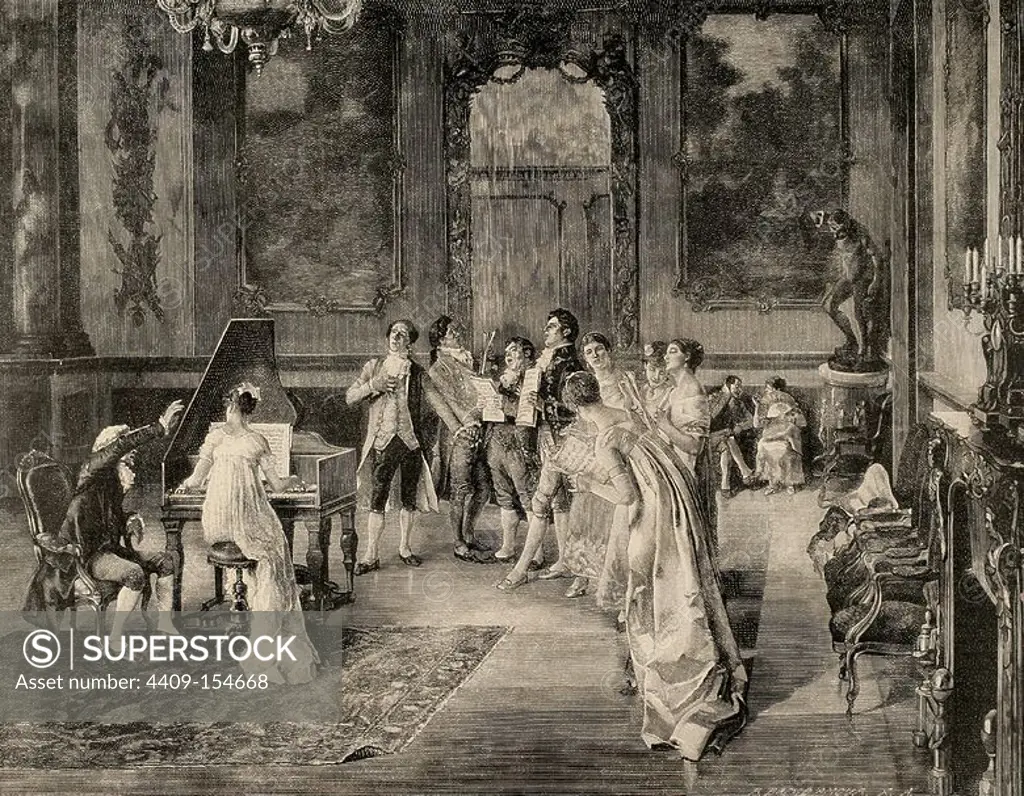 Essay of a Opera. Versailles. Painting of Luis Jimenez Aranda (1845-1928). Spanish painter. Engraving by R. Brend'Amour. "The Artistic Illustration", 1887.