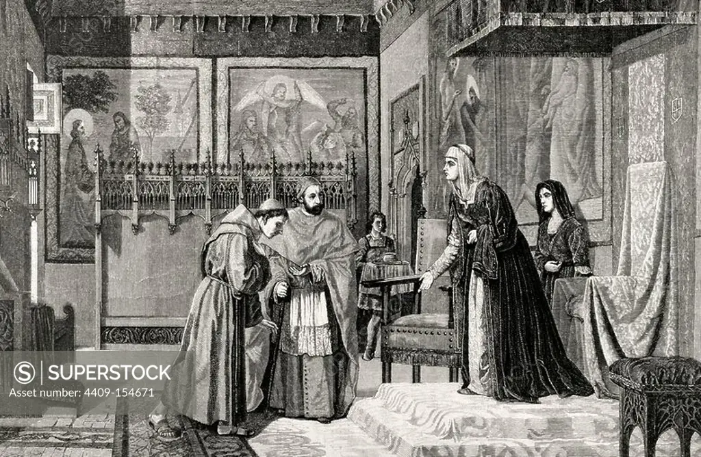Kingdom of Castile. Interview between Queen Isabella I of Castille (1451-1504) and Ximenez de Cisneros (1436-1517) . Engraving of R. Milliet. La Ilustracion Espan_ola y Americana, 1872.