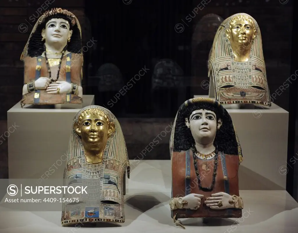 Egyptian Art. Masks of female mummies. Remains of polychrome. Dated to the 1st century. Neues Museum. Berlin. Germany.