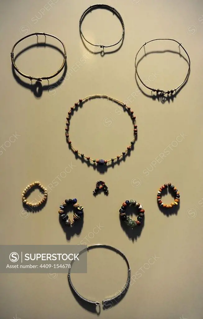 Roman Barbarian Jewels. Necklaces, earrings and bracelets of bronze, glass and silver. 3rd-4th centuries BC. Neues Museum (New Museum). Berlin. Germany.