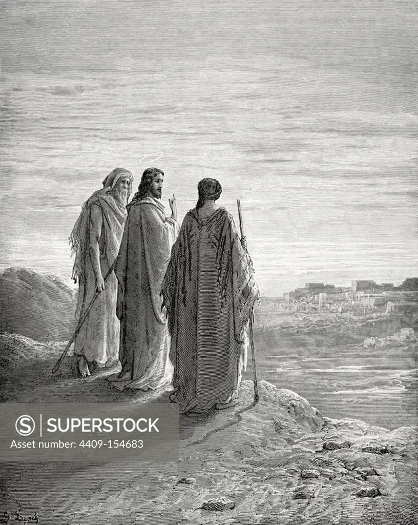 New Testament. Gospel of Luke. Chapter XXIV. Jesus and the disciples of Emmaus. Drawing by Gustave Dore. Engraving by Pannemaker. 19th century.