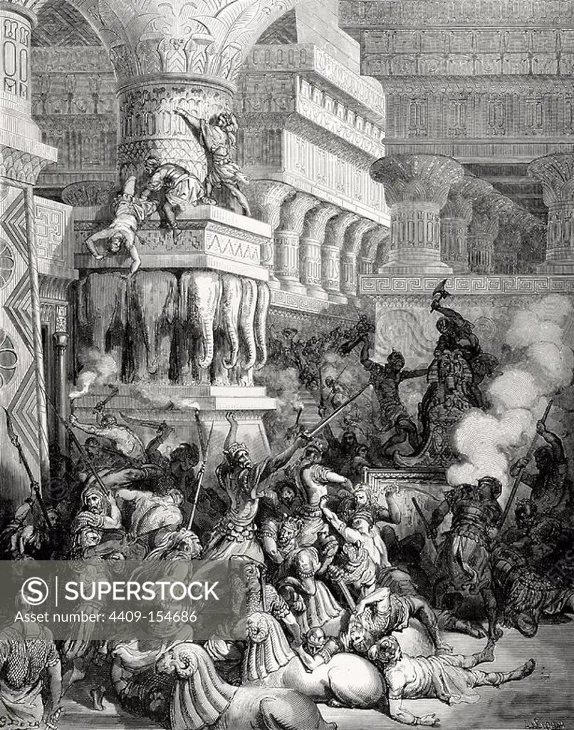 Jonathan Destroys the Temple of Dago. Bible Illustrations of Gustave Dore. 1 Maccabees 10: 83-89.
