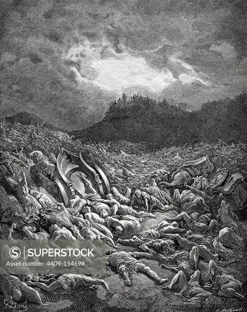 The Destruction of the Armies of the Ammonites and Moabites. Dore Bible illustrations. 19th century. Engraving.