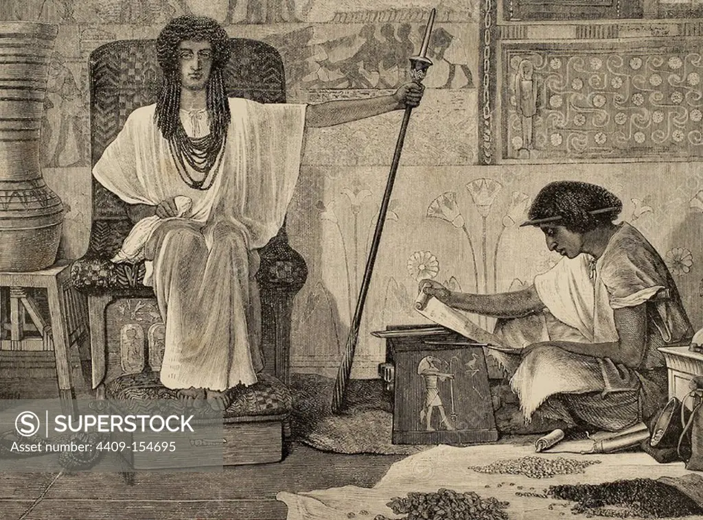 Joseph interpreting the Pharaoh's Dream. Dore Bible Illustration. Genesis. Engraving. 19th century.
