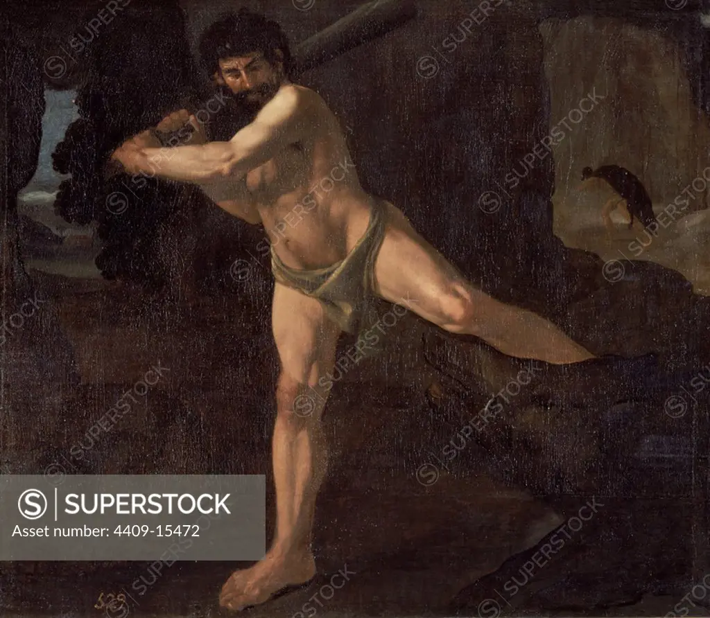 'Hercules Fights with the Erymanthischen Boar', 1634, Oil on canvas, 132 cm x 153 cm, P01244. Author: FRANCISCO DE ZURBARAN. Location: MUSEO DEL PRADO-PINTURA. MADRID. SPAIN.