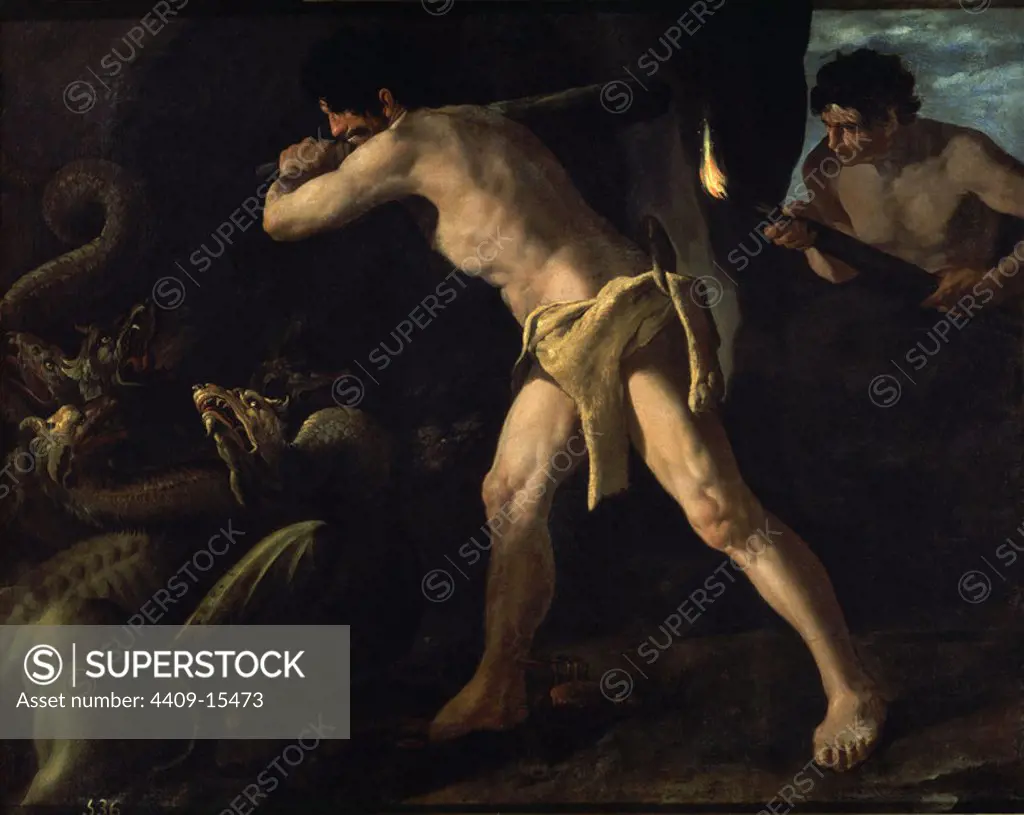 Hercules fighting the hydra of Lerna. Lucha de Hercules con la hidra de Lerna. 1634. Oil on canvas (133x167). Spanish baroque. Madrid, Prado museum. Author: FRANCISCO DE ZURBARAN. Location: MUSEO DEL PRADO-PINTURA. MADRID. SPAIN.