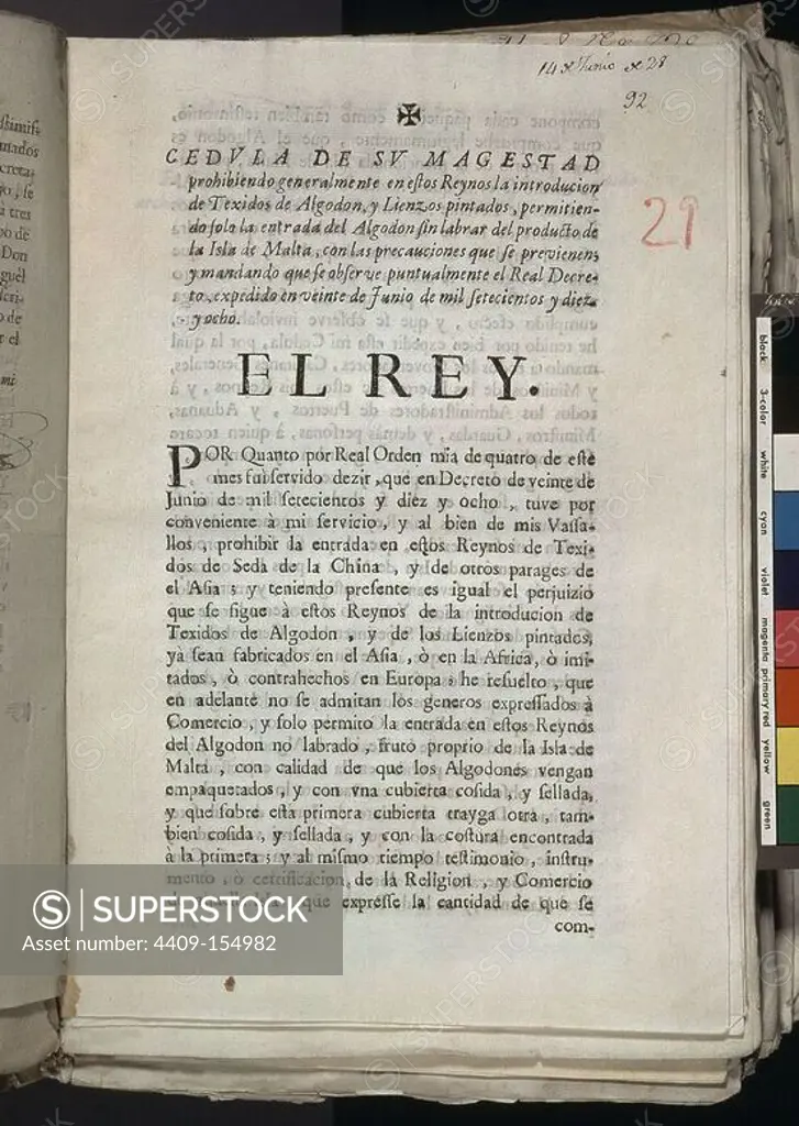 DECRETO DE PROHIBICION DE IMPORTAR LIENZOS (14/6/1728)- REINADO DE FELIPE V. Location: ARCHIVO HISTORICO NACIONAL-COLECCION. MADRID. SPAIN.