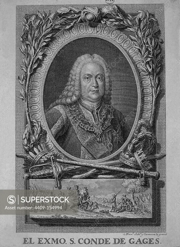 JOSE BUENAVENTURA CONDE DE GAGES (1682-1753) - GRABADO SIGLO XVIII. Author: MANUEL SALVADOR CARMONA. Location: BIBLIOTECA NACIONAL-COLECCION. MADRID. SPAIN.