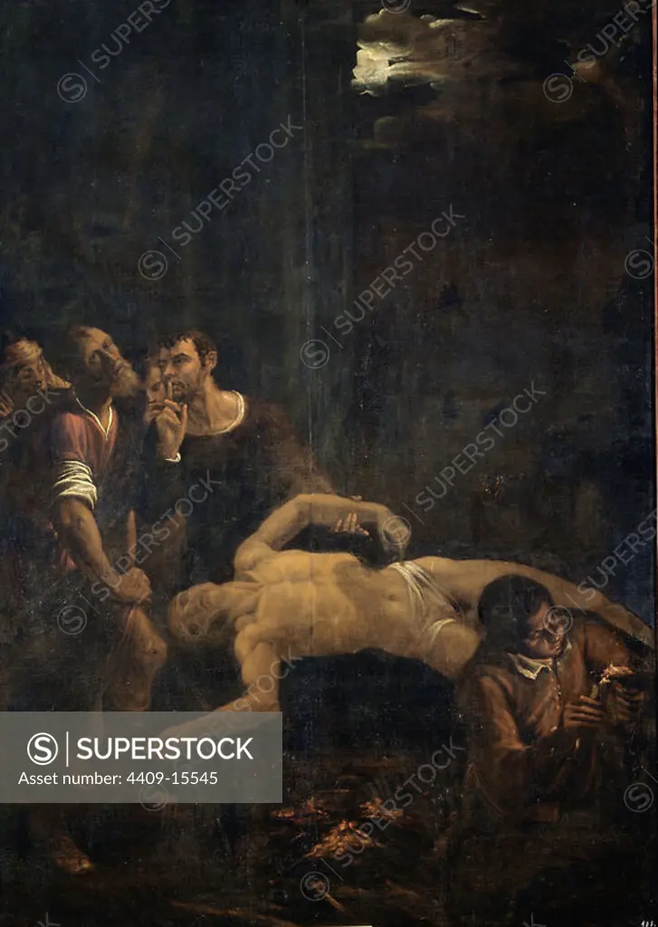 'The Burial of Saint Lawrence', 1579, Oil on canvas. Author: JUAN FERNANDEZ DE NAVARRETE (1526-1579) EL MUDO. Location: MONASTERIO-PINTURA. SAN LORENZO DEL ESCORIAL. MADRID. SPAIN.