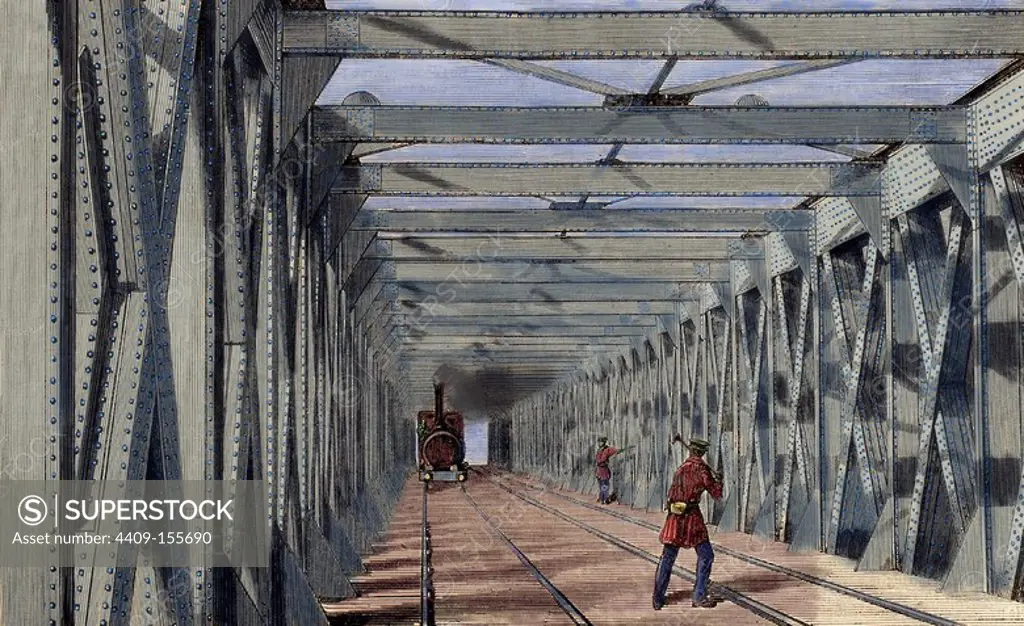 Construction of the railway. Pass the railway by an iron bridge. Engraving in L'Illustration, 1860. Colored.