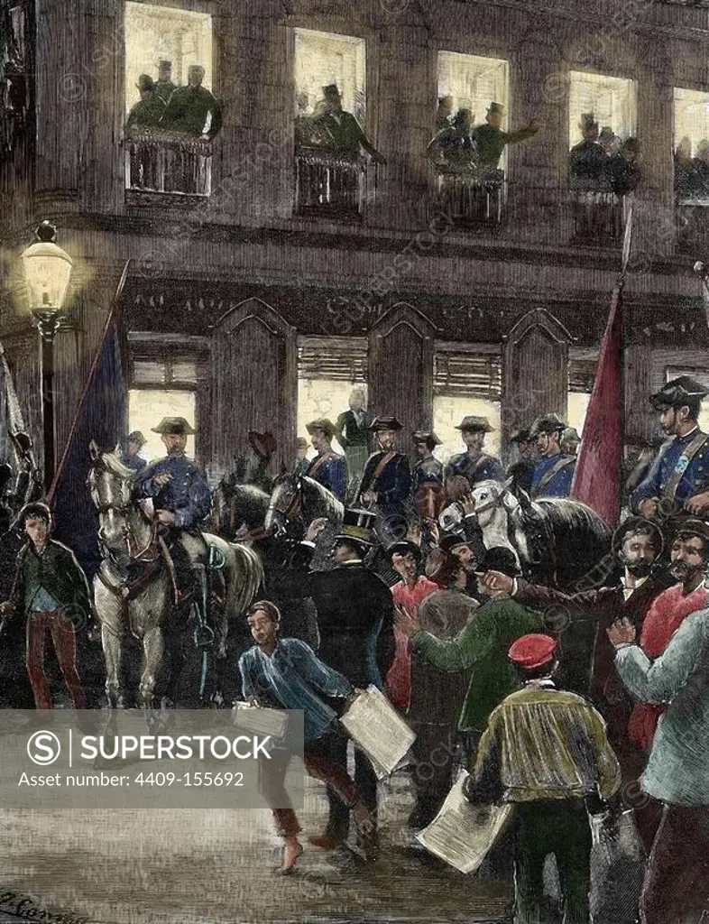 Spain. Reign of Alphonse XII. Conflict of the Caroline Islands, by the German contesting on the spanish sovereignty in the islands. Patriotic Protest in the Seville Street, Madrid. Engraving in The Spanish and American Illustration, 1885. Colored.