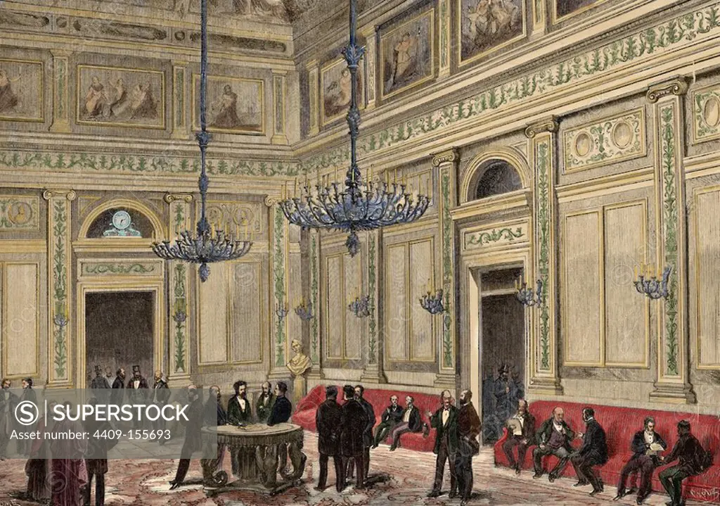 Spain. Madrid. Conference Hall of the Chamber of Deputies. Engraving in The Spanish and American Illustration, 1872. Colored.