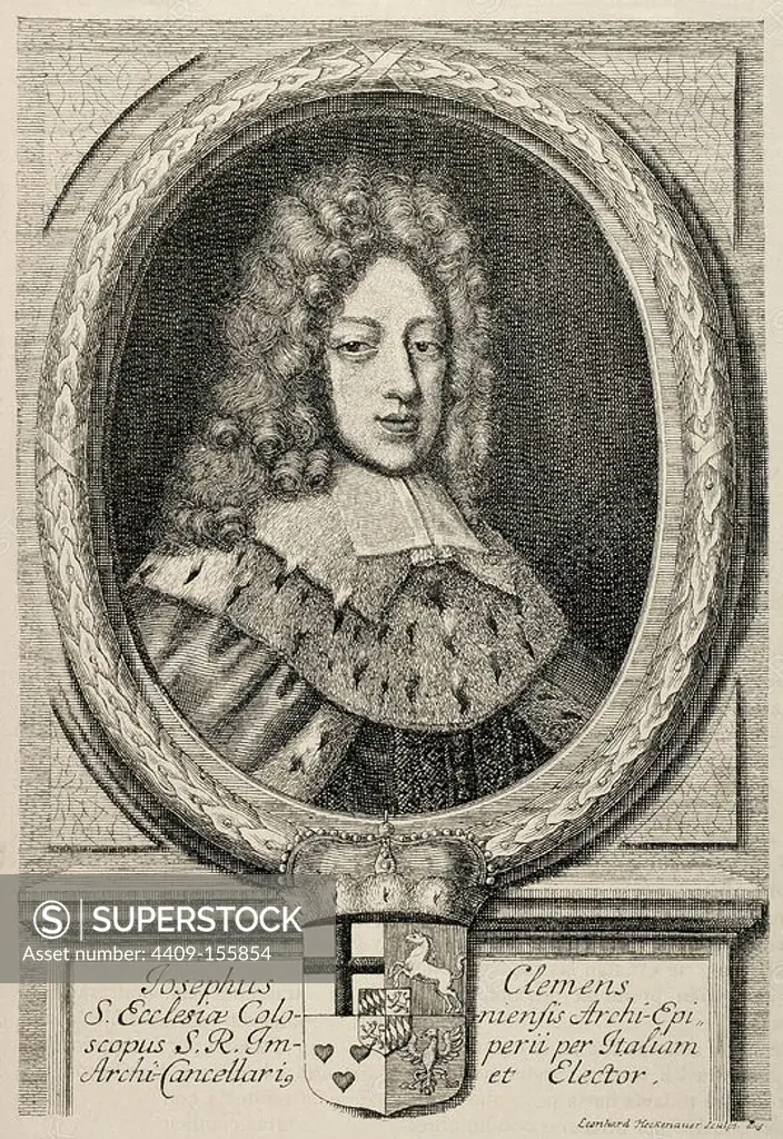 Joseph Clemens of Bavaria (1671-1723). Archbishop of Cologne. Facsimile of an engraving by Leonardo Heckenauer (1650-1704). The Universal History, 1885.