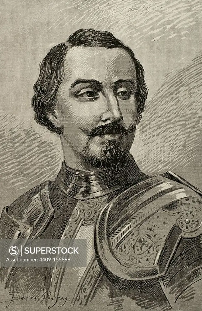 John of Austria (1547-1578). Illegitimate son of Holy Roman Emperor Charles V. Engraving by J. Serra Pausas. History of Spain, 1882.