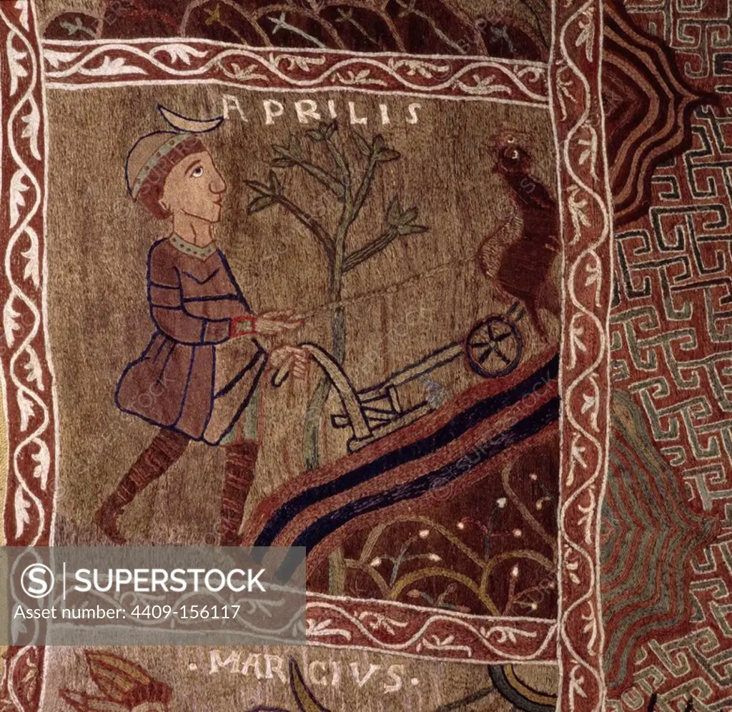 Detail Creation Tapestry, 11th, Romanesque. Abril, represented by a man plowing with the inscription Aprilis - April.