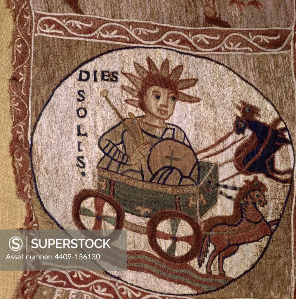 Detail Creation Tapestry, 11th, Romanesque. Domingo, a crowned man on a chariot of fire with the inscription Dies Solis - Sunday. Museum: Museo Catedralicio de la Catedral de Girona.