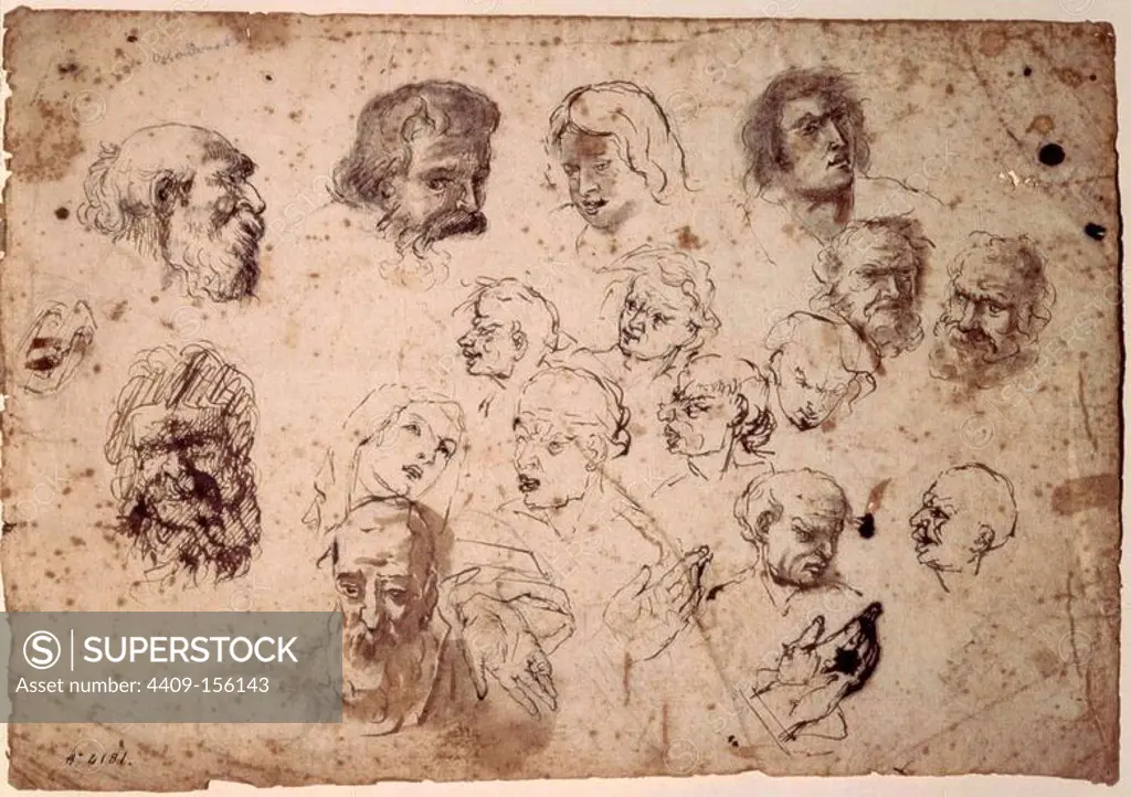 Drawing of heads by Antoni Viladomat . 18th. Museum: Museu Nacional d'Art de Catalunya (MNAC), Barcelona, SPAIN.