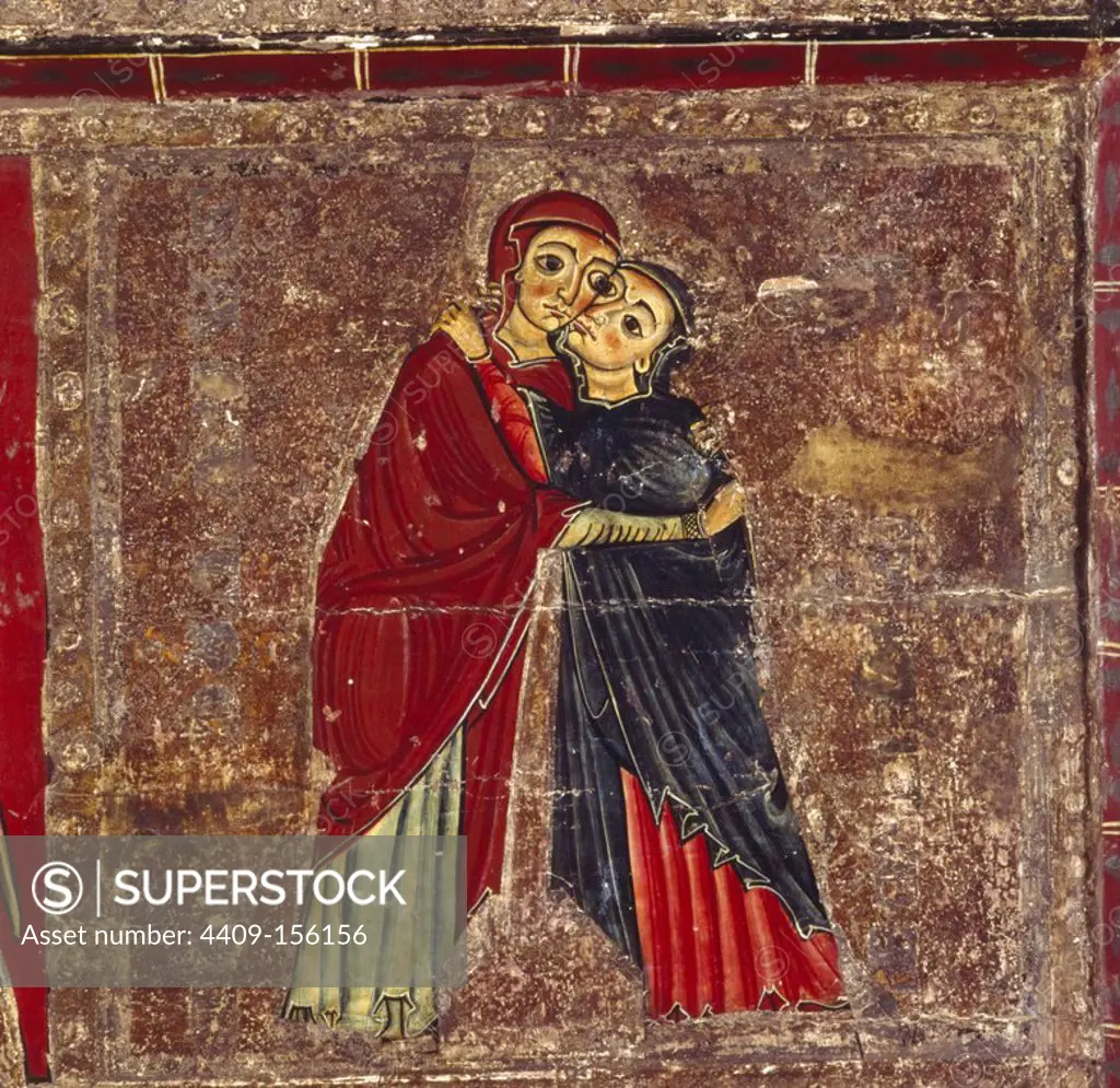 Romanesque Altar Frontal with Mary Magdalen and Virgin Mary Embracing. From Santa Maria de Lluça Monastery, 12th. Museum: Museu Episcopal, Vic.