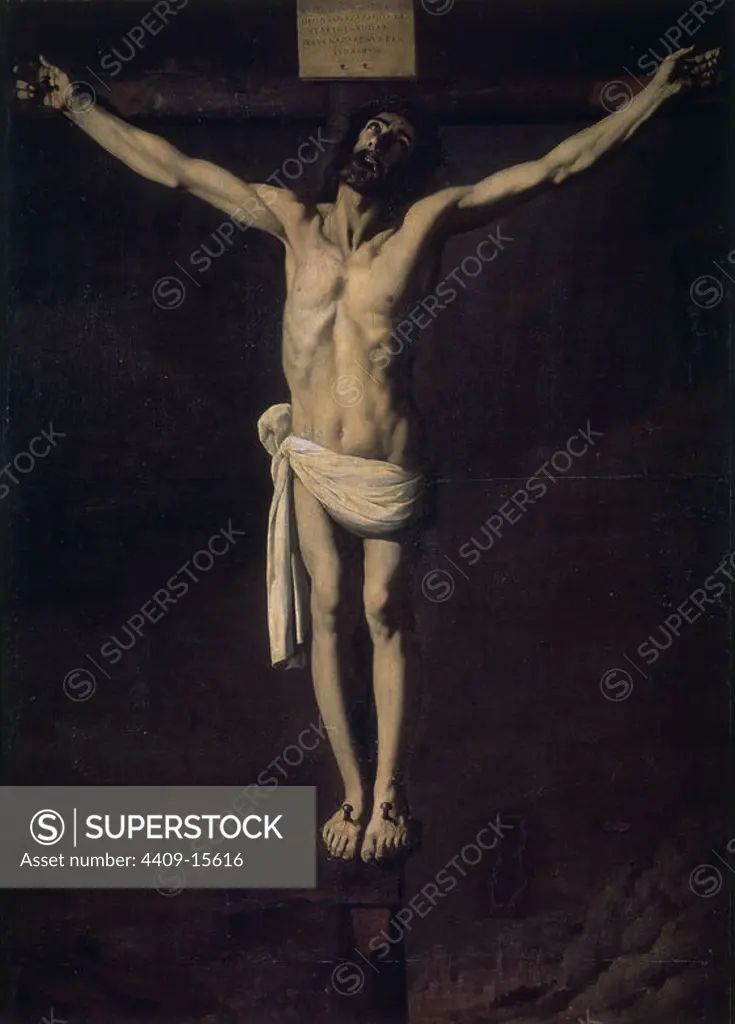 Spanish school. Crucifixion. Crucifixión. 1641/1658. Oil on canvas (232x167). Sevilla, Fine Arts museum. Author: FRANCISCO DE ZURBARAN. Location: MUSEO DE BELLAS ARTES-CONVENTO DE LA MERCED CALZAD. Sevilla. Seville. SPAIN. JESUS. CRISTO CRUCIFICADO. Crucificado.
