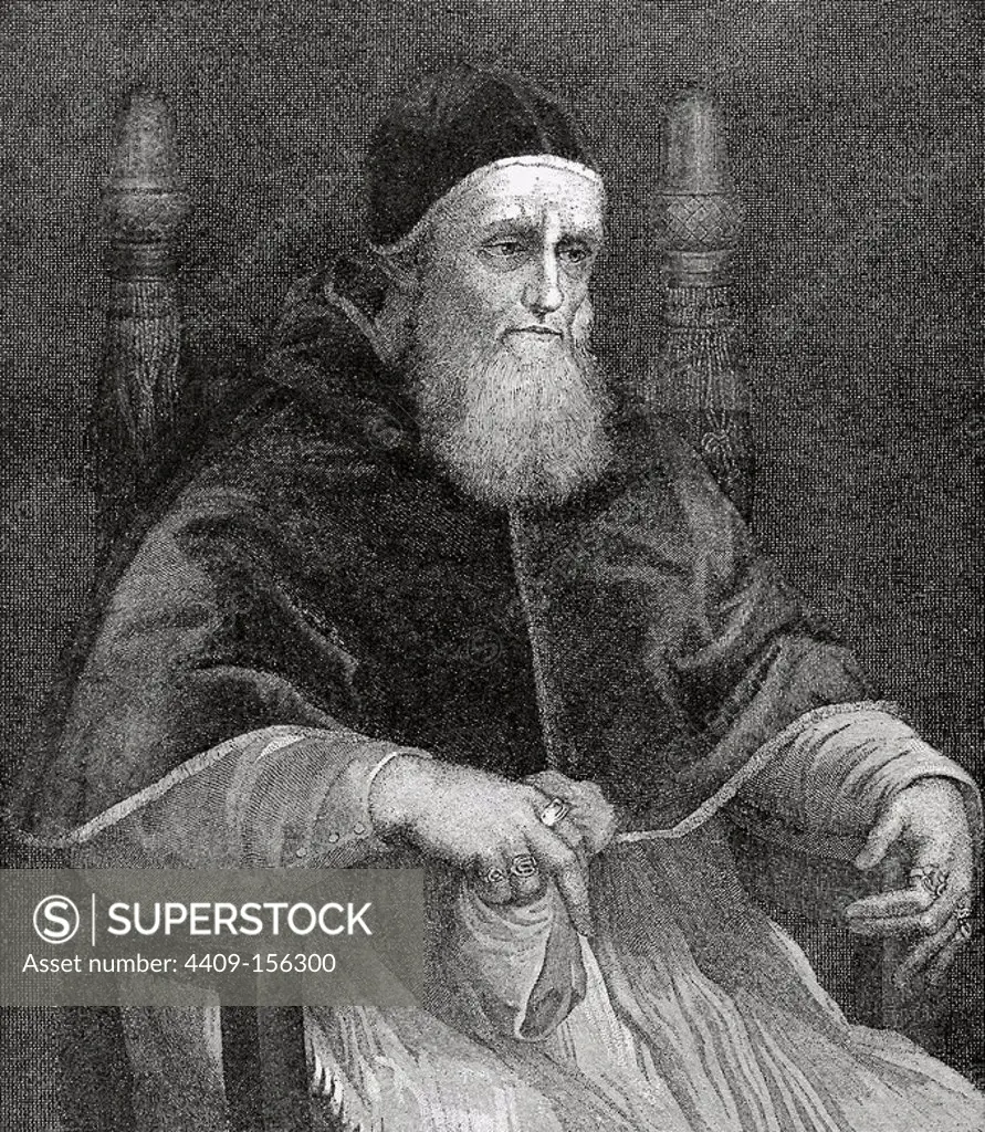 Julius II (1443Ð1513), nicknamed "The Fearsome Pope" and "The Warrior Pope", born Giuliano della Rovere. Pope from 1503 to 1513. Colored engraving. "Historia Universal", 1885.