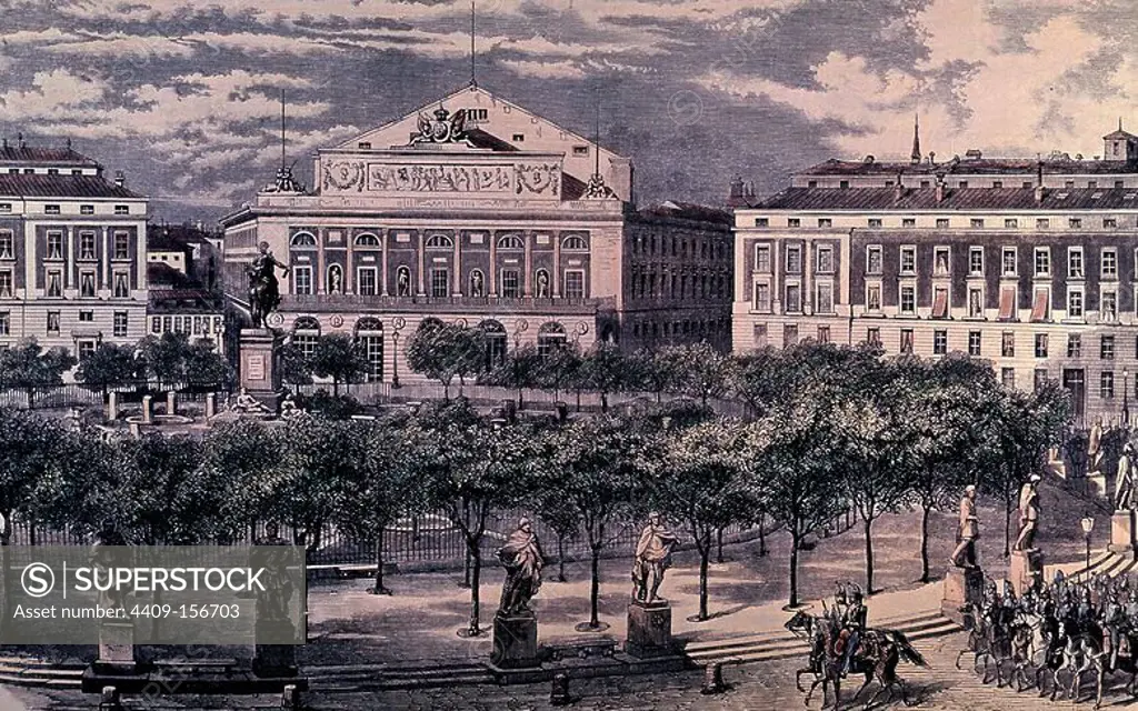 MADRID-LA PLAZA DE ORIENTE EN LA REVOLUCION DE 1856. Location: MUSEO DE HISTORIA-GRABADOS COLOREADOS. MADRID. SPAIN.
