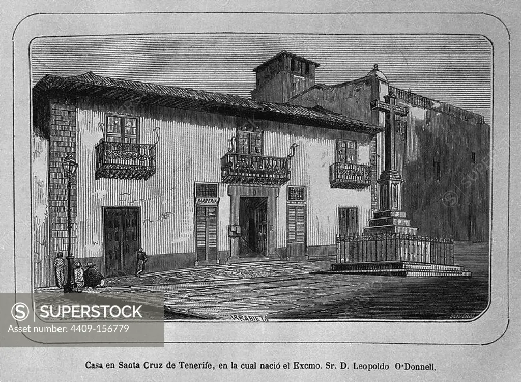 CASA DONDE NACIO DON LEOPOLDO O DONNELL EN SANTA CRUZ DE TENERIFE - GRABADO SIGLO XIX. Author: VICENTE URRABIETA ORTIZ (-1879). Location: BIBLIOTECA NACIONAL-COLECCION. MADRID. SPAIN. LEOPOLDO O DONNELL (1809-1867) I DUQUE DE TETUAN. LEOPOLDO ODONNELL (1809/1867) I DUQUE DE TETUAN.
