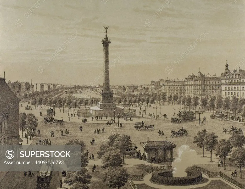 France. Paris. Place de la Bastille and the July Column. 1878. Engraving, 19th century.