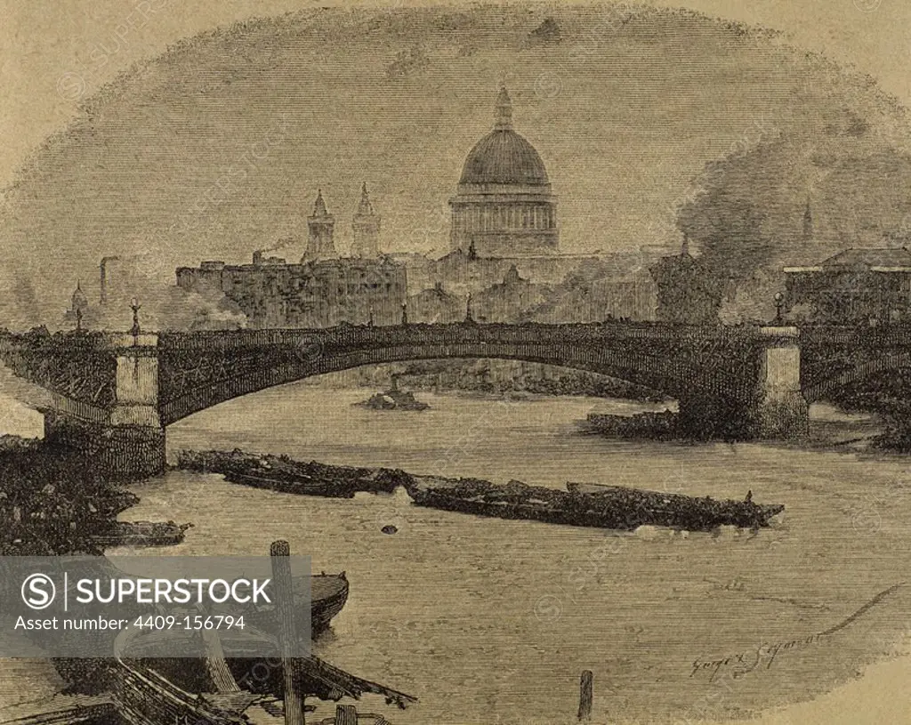 England. London. Southwark Bridge. Engraving by G. Seymour. La Ilustracion Iberica, 1886.
