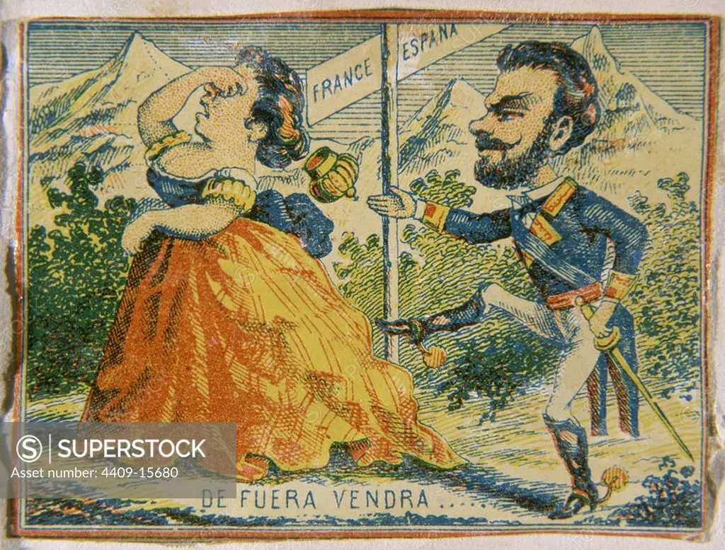 GRABADO DE UNA CAJA DE CERILLAS - SIGLO XIX. Location: FOSFORERA ESPAÑOLA. MADRID. SPAIN. Amadeo I of Spain. ISABEL II REINA DE ESPAÑA (1830-1904).
