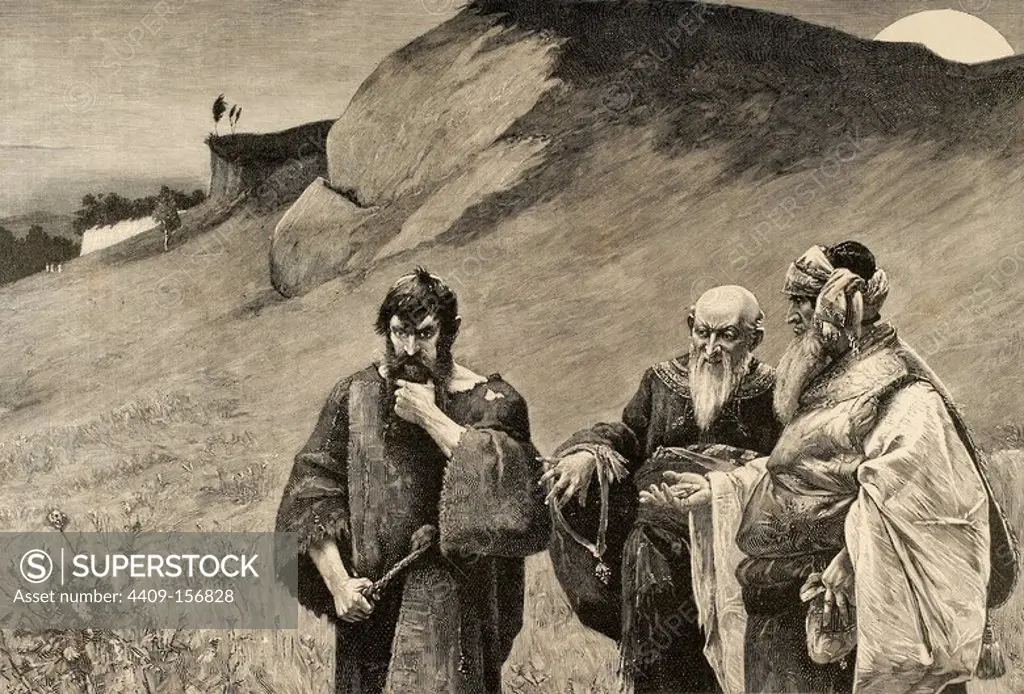 Judas Iscariot. One of the Twelve Apostles of Jesus Christ. Betrayal of Jesus to the hands of the chief Sanhedrin priests in exchange for a payment of thirty silver coins. Engraving by Bong. "La Ilustracion Artistica". 1888.