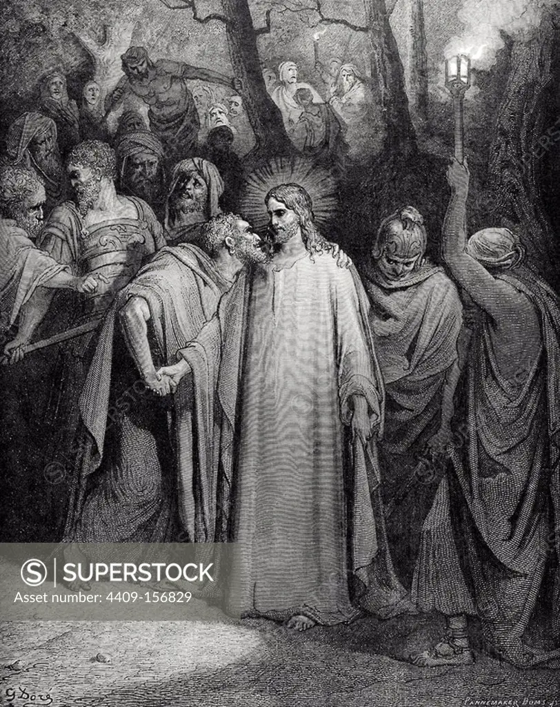 Judas Iscariot. One of the Twelve Apostles of Jesus Christ."The Judas Kiss Jesus in order to betray him to the guards. The Holy Bible. Engraving by Gustave Dore. 1866.