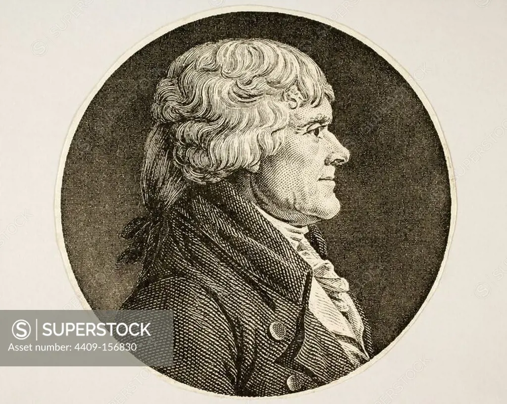 Thomas Jefferson (1743-1826). American Founding Father, the principal author of the Declaration of Independence (1776) and de third President of the United State (1801-1809). Engraving.