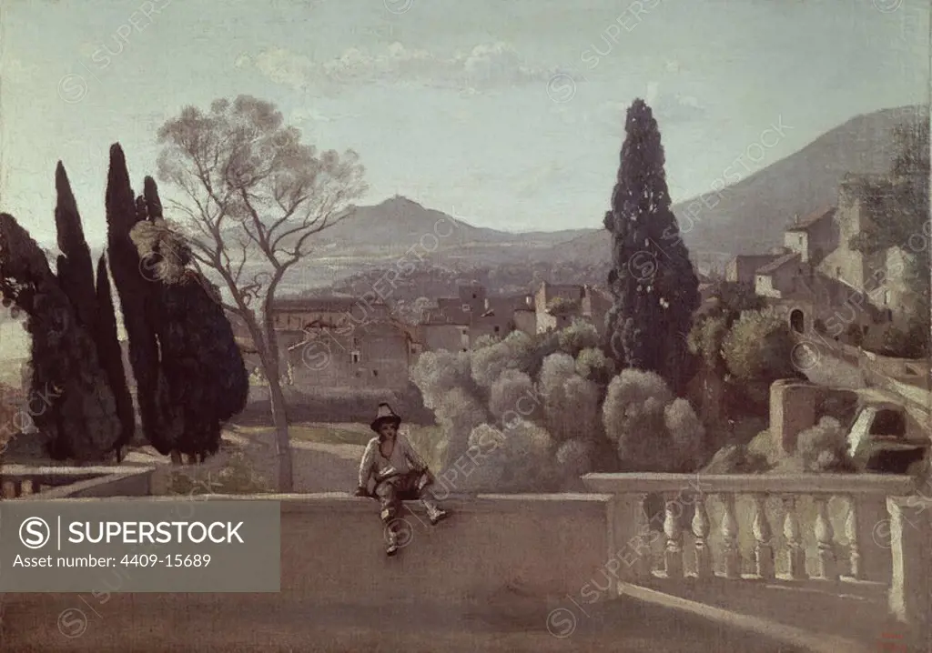 The Gardens of the Villa d'Este, Tivoli, 1843 - 28x50 cm - oil on canvas. Author: JEAN BAPTISTE CAMILE COROT. Location: LOUVRE MUSEUM-PAINTINGS. France.