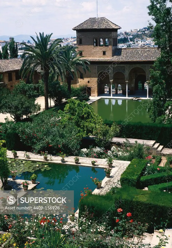 Spain. Granada. The Alhambra. Tower of the Ladies and Partal gardens. 14th century.