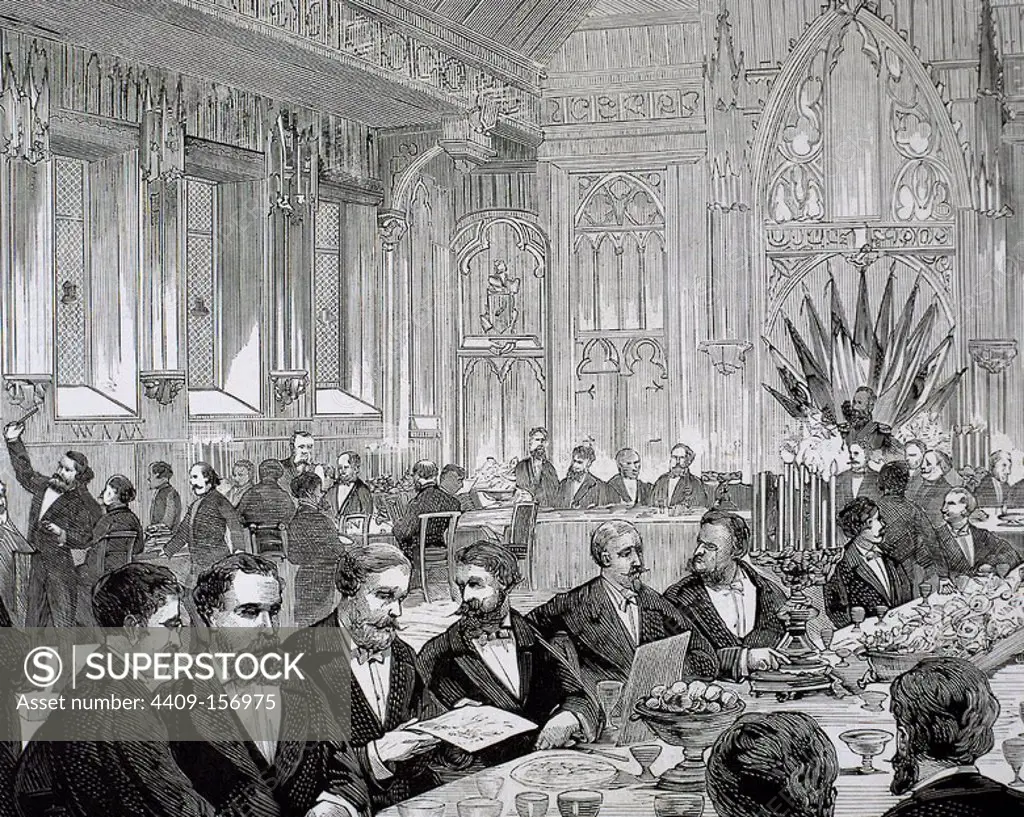 Belgium. Banquet given to the representatives of various countries of the National Committee of the National Exhibition. Town hall of Brussels. 1888. Engraving.