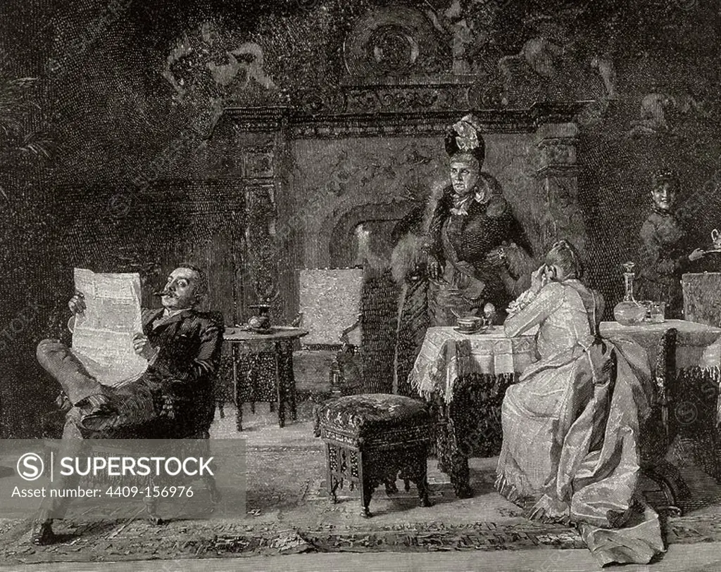 Bourgeois family in the living room. Engraving, 19th century.