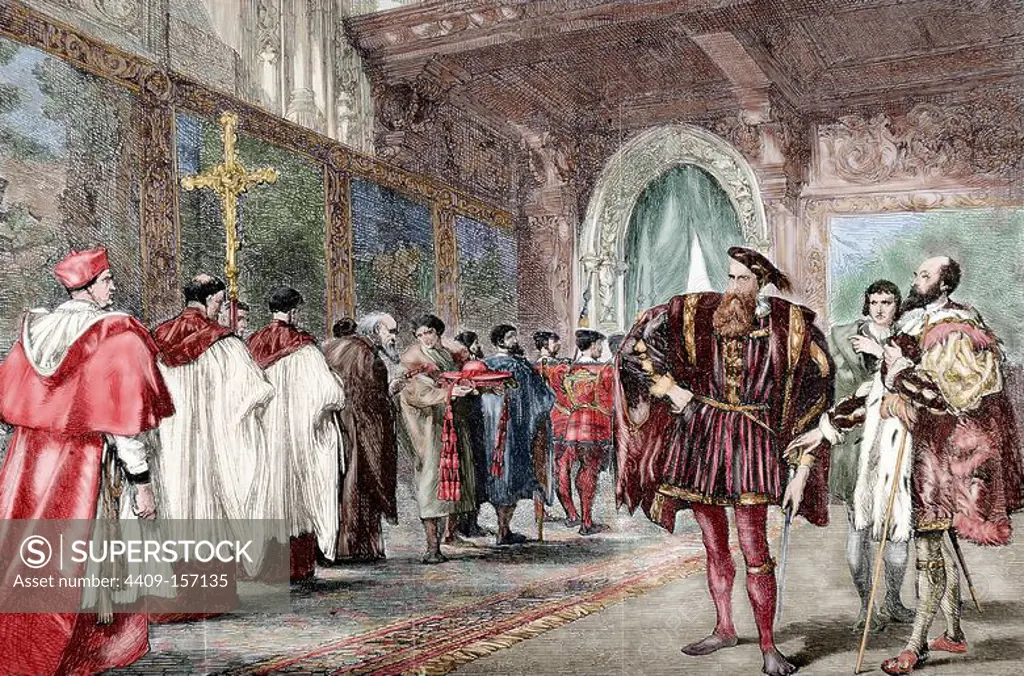 Cardinal Wolsey and the Duke of Buckingham. Engraving in The Universe Illustrated, 1863. Colored.