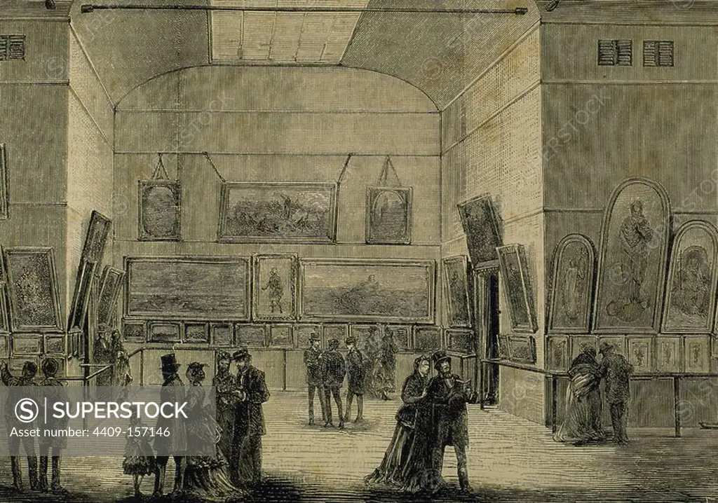 Spain. Barcelona. People visiting an exhibition of Fine Arts. Engraving by Capuz. The Spanish and American Illustration, 1870.