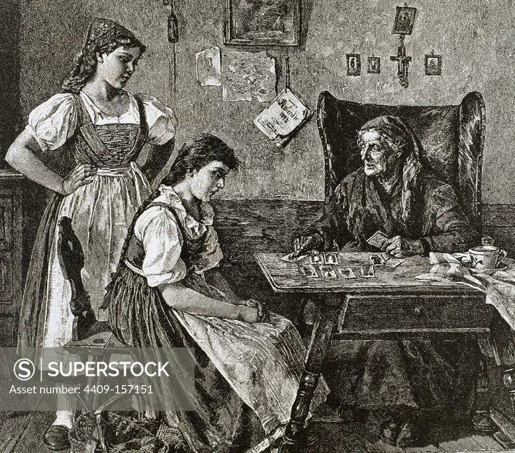 At fortune teller's house. Engraving by Walla. L'Illustration, 1885.