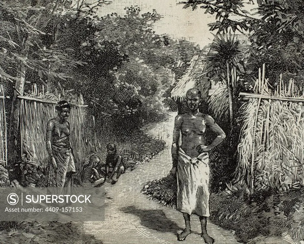 French imperialism. Africa. Dahomey. A street of Porto-Novo. Official residence of the French governor. Engraving in The Spanish and American Illustration, 1890.