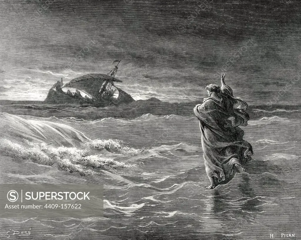New Testament. Gospel of Matthew. Chapter XIV. Jesus walks on the water of the Sea of __Galilee. Gustave Dore's drawing. Engraving by H. Pisan. 19th century.