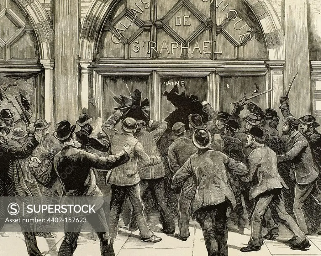 Britain. London. Socialist agitation. Protesters encouraged to theft and looting in shops Picadilly during the meeting of the Socialist leader Burns in Trafalgar Square. February 8, 1886. Engraving.