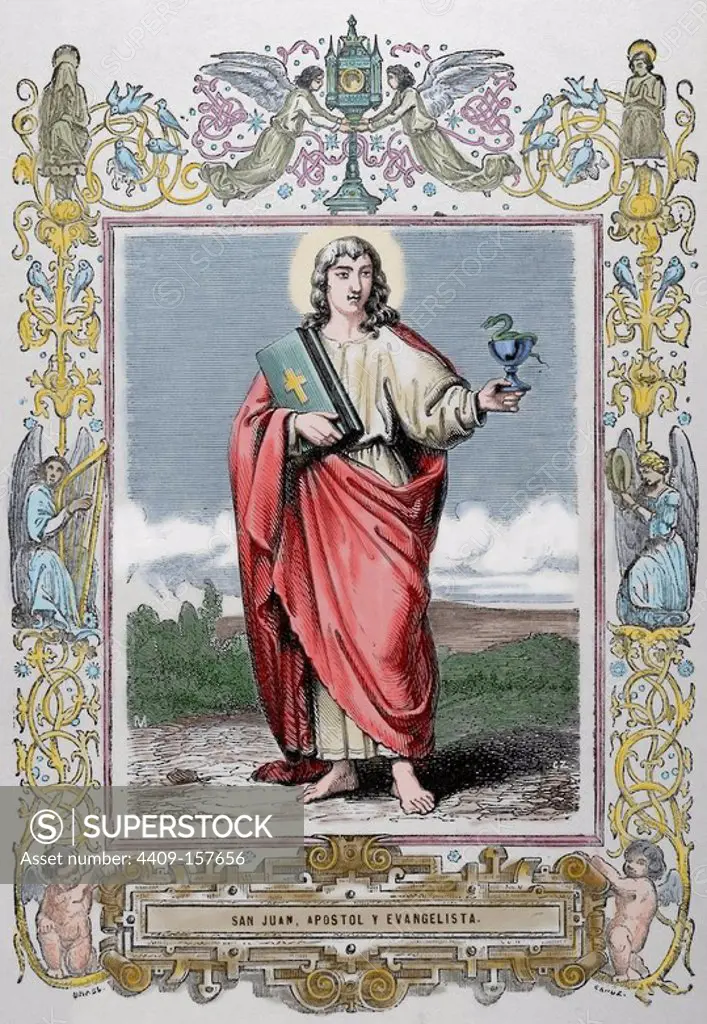 John the Evangelist. One of the Twelve Apostles of Jesus. Traditionally, he is identified as the author of the Gospel of John. He is also known as John of Patmos, John the Apostle and the Beloved Disciple. Engraving by Capuz "Ano Cristiano", 1853. Colored.