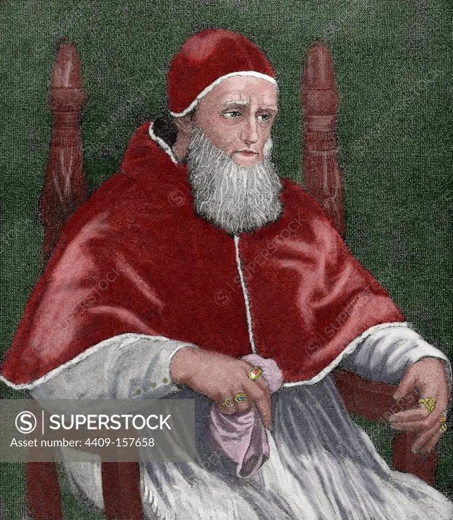 Julius II (1443A_o_íN_í¬1513), nicknamed "The Fearsome Pope" and "The Warrior Pope", born Giuliano della Rovere. Pope from 1503 to 1513. Colored engraving. "Historia Universal", 1885. Colored.