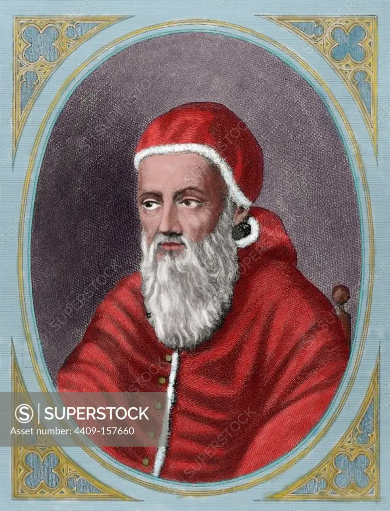 Julius II (1443A_i_1513), nicknamed "The Fearsome Pope" and "The Warrior Pope", born Giuliano della Rovere. Pope from 1503 to 1513. Colored engraving. "Historia Universal", 1885. Colored.