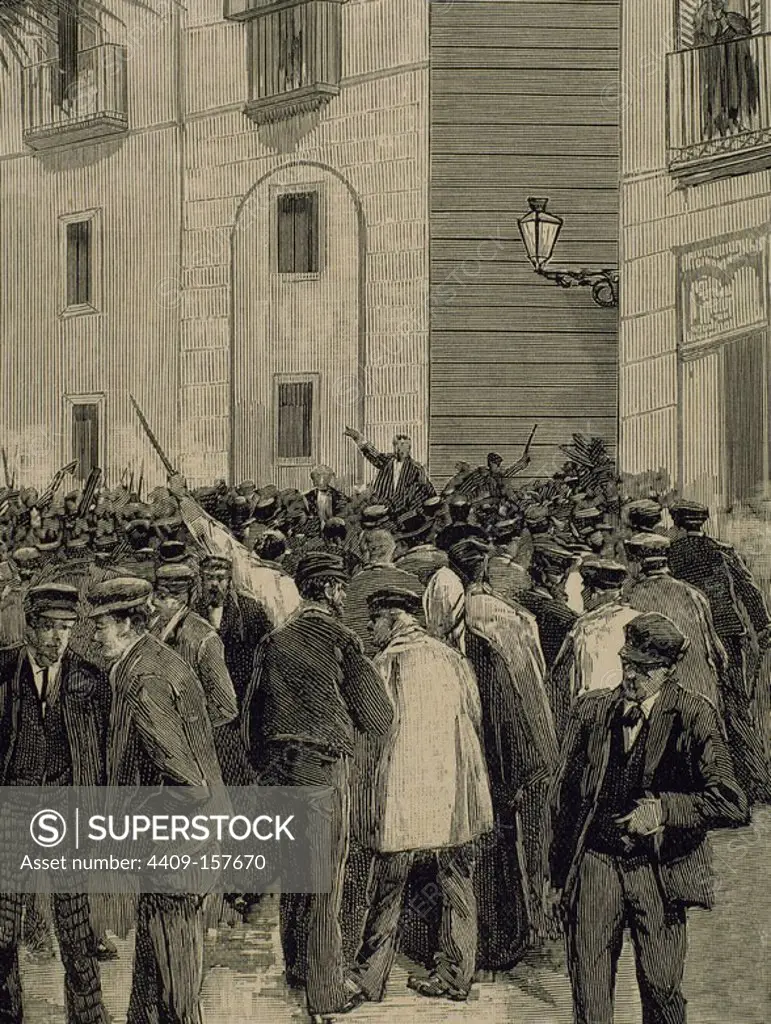 Spain. Barcelona. Working demonstration outside the Captaincy General. Engraving by Rico. The Spanish and American Illustration, 1890.