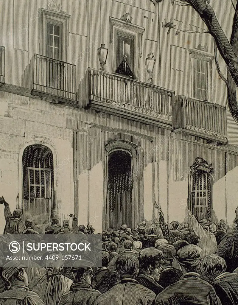 Spain. Barcelona. Working demonstration. The Civil Governor waving to protesters from the balcony of the Palace. Engraving by Rico. The Spanish and American Illustration, 1890.